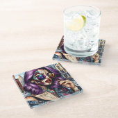 紫カラフルのかわいらし髪の抽象芸術婦人 ガラスコースター (アングル)