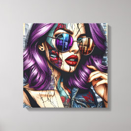 紫カラフルのかわいらし髪の抽象芸術婦人 キャンバスプリント