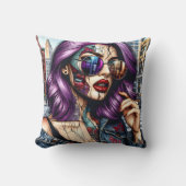 紫カラフルのかわいらし髪の抽象芸術婦人 クッション (正面)
