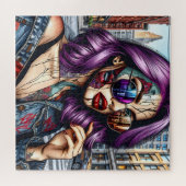 紫カラフルのかわいらし髪の抽象芸術婦人 ジグソーパズル (横)