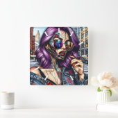 紫カラフルのかわいらし髪の抽象芸術婦人 スクエア壁時計 (ホーム)