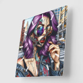 紫カラフルのかわいらし髪の抽象芸術婦人 スクエア壁時計 (傾斜)