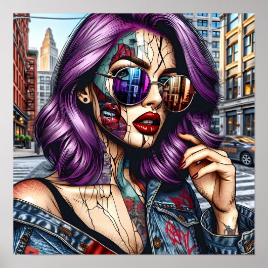 紫カラフルのかわいらし髪の抽象芸術婦人 ポスター (正面)