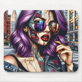 紫カラフルのかわいらし髪の抽象芸術婦人 マウスパッド