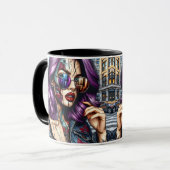 紫カラフルのかわいらし髪の抽象芸術婦人 マグカップ (正面左)