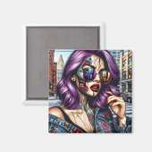 紫カラフルのかわいらし髪の抽象芸術婦人 マグネット (正面/裏面)