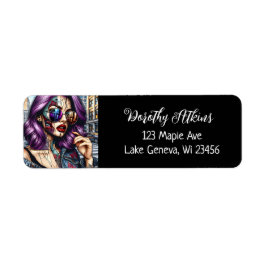 紫カラフルのかわいらし髪の抽象芸術婦人 ラベル
