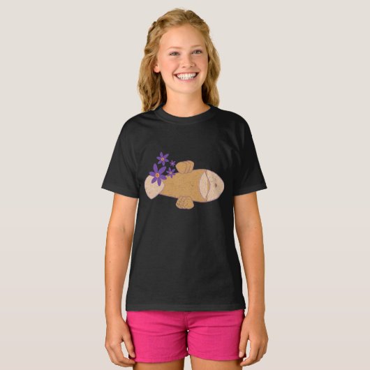 紫カラフルの花を持つ魚 Tシャツ (正面フル)