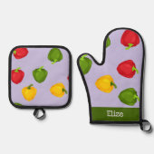 紫カラフル唐辛子 鍋つかみ&鍋敷きセット (正面)