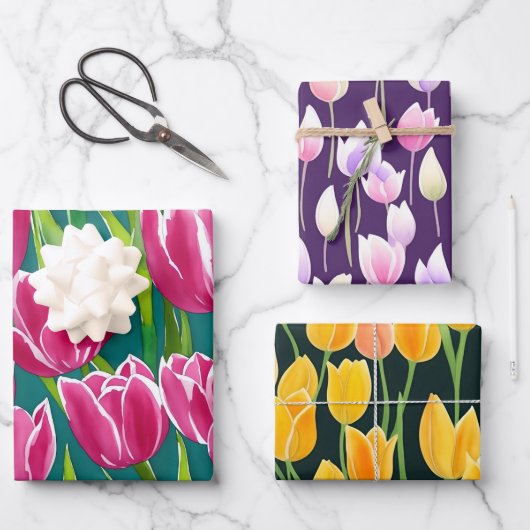 紫カラフル赤黄水色チューリップ ラッピングペーパーシート (正面)
