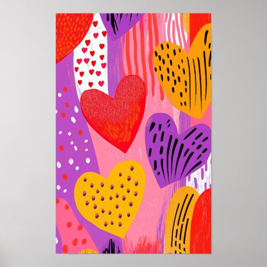 紫カラフル、赤、暗のバレンタインハート ポスター (正面)