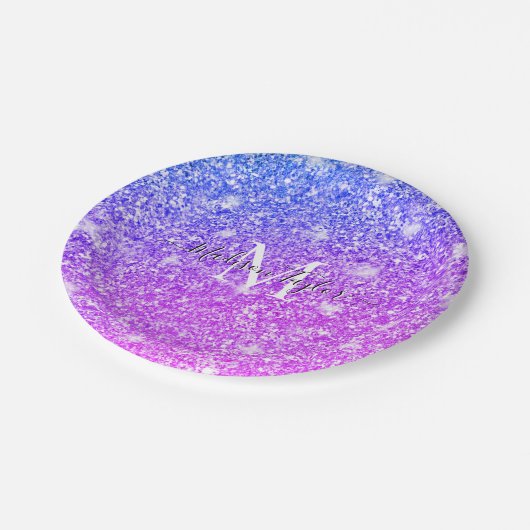 紫ガーリーとピンクのグリッターモノグラム名 ペーパープレート (アングル)