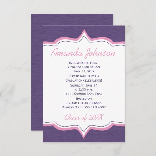 紫ガーリーとピンクの卒業式 招待状 (正面/裏面)