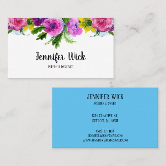 紫ガーリーとピンクの水色フローラ女性 名刺 (正面/裏面)