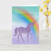 紫ガーリーのユニコーンの虹パーソナライズされた名 カード (黄色い花)