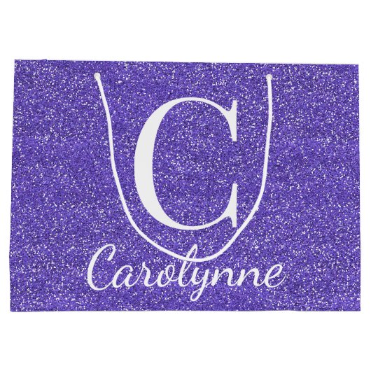 紫ガーリーパーソナライズされたフェイクグリッター ラージペーパーバッグ (裏面)