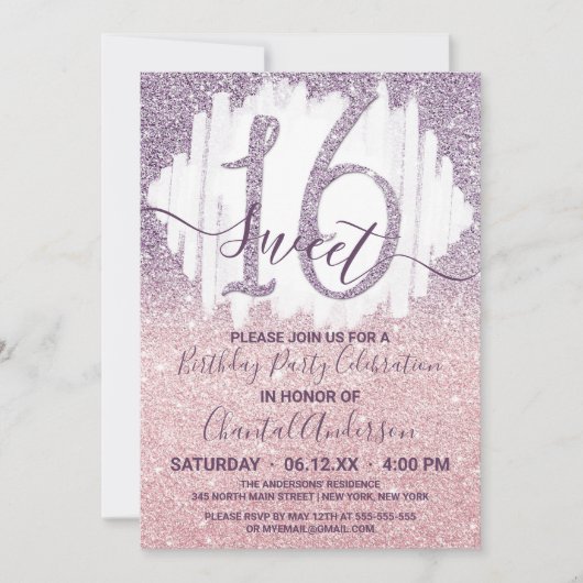 紫ガーリーピンクフェイクグリッターグラデーションSweet sixteen 招待状 (正面)