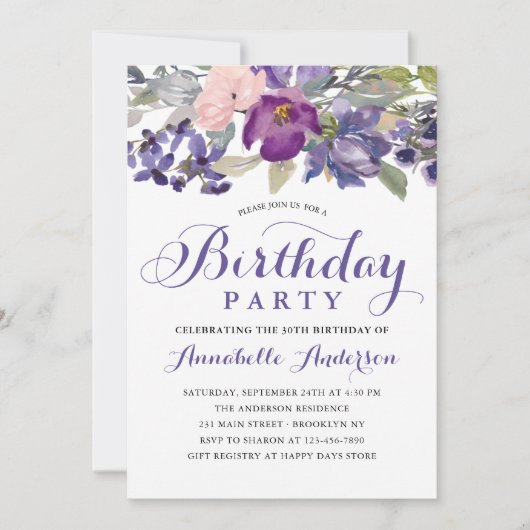 紫ガーリーフローラ水色スクリプト誕生日 招待状 (正面)