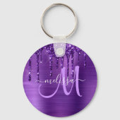 紫ガーリー滴下グリッターブラシ金属モノグラム キーホルダー (正面)