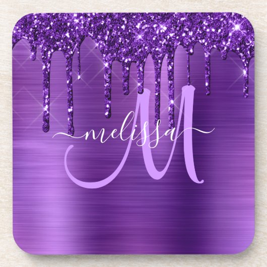 紫ガーリー滴下グリッターブラシ金属モノグラム コースター (正面)