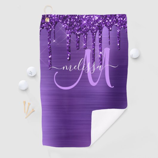 紫ガーリー滴下グリッターブラシ金属モノグラム ゴルフタオル (インサイチュ)