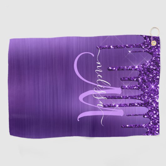 紫ガーリー滴下グリッターブラシ金属モノグラム ゴルフタオル (横)