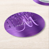 紫ガーリー滴下グリッターブラシ金属モノグラム ラウンドペーパーコースター (アングル)