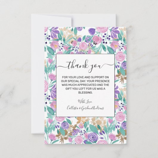 紫ガーリー紫金ゴールド水彩花 サンキューカード (正面)