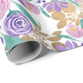 紫ガーリー紫金ゴールド水彩花 ラッピングペーパー (ロールコーナー)