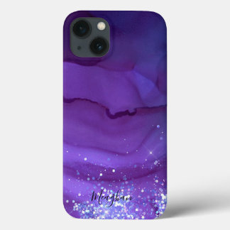 紫ガーリー銀グリッターモノグラムの iPhone 13ケース