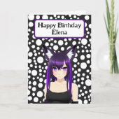 紫クールの髪と目を持つアニメガール誕生日 カード (正面)