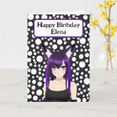 紫クールの髪と目を持つアニメガール誕生日 カード (黄色い花)