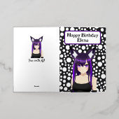紫クールの髪と目を持つアニメガール誕生日 箔グリーティングカード (外側レイダウン)