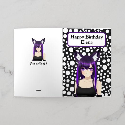 紫クールの髪と目を持つアニメガール誕生日 箔グリーティングカード (外側レイダウン)