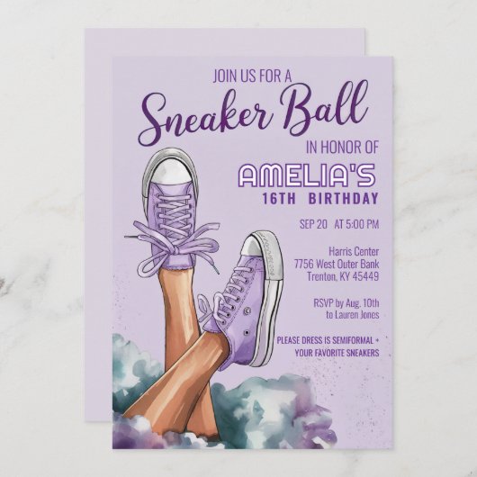 紫クールスタイリッシュ誕生日スニーカーボールパーティー 招待状 (正面/裏面)