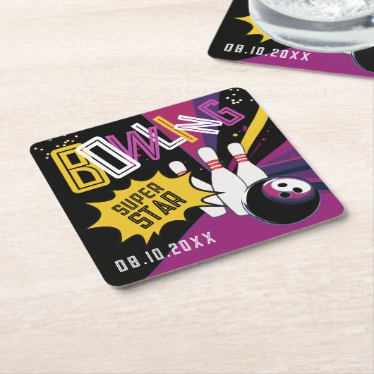 紫クールピンクイエローストライクボーリングスターピン スクエアペーパーコースター (アングル)