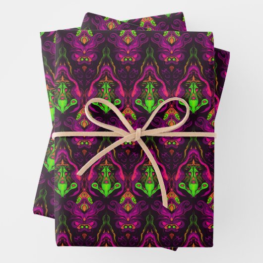 紫クール緑風変わりモダンビクトリアン模様 ラッピングペーパーシート (インサイチュ)