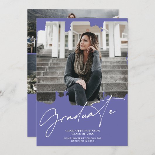 紫クール青の大学院生写真卒業 招待状 (正面/裏面)