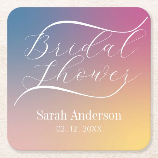 紫グラデモダンーショングラデーションスクリプトブライダルシャワー スクエアペーパーコースター (正面)