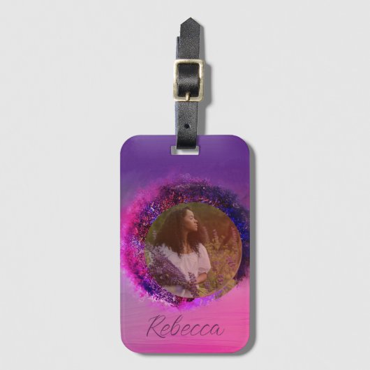 紫グラデーションとピンクの円のフレーム写真 ラゲッジタグ (正面縦)