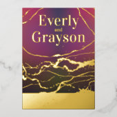 紫グラデーション赤大理石ビーニング金ゴールド結婚ズ 箔招待状 (正面)