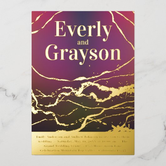 紫グラデーション赤大理石ビーニング金ゴールド結婚ズ 箔招待状 (正面)