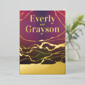 紫グラデーション赤大理石ビーニング金ゴールド結婚ズ 箔招待状 (立ち正面)