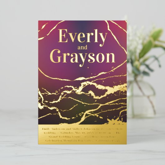 紫グラデーション赤大理石ビーニング金ゴールド結婚ズ 箔招待状 (立ち正面)