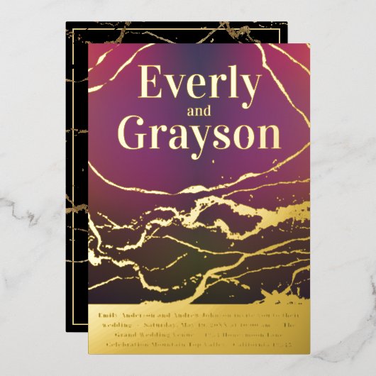 紫グラデーション赤大理石ビーニング金ゴールド結婚ズ 箔招待状 (正面/裏面)