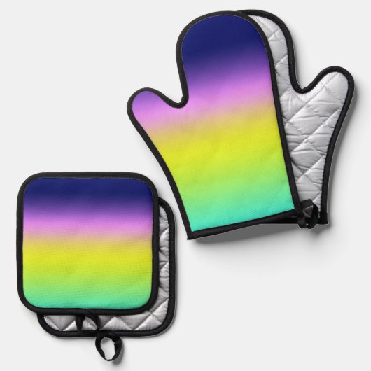 紫グラデーション黄色の緑の春夏のカラーリング 鍋つかみ&鍋敷きセット (正面/裏面)