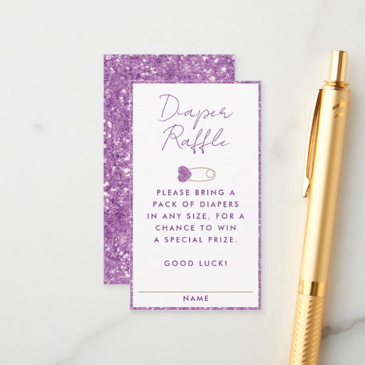 紫グリッターおむつラッフルベビーシャワーエンクロージャ エンクロージャーカード (正面/裏面インサイチュ)