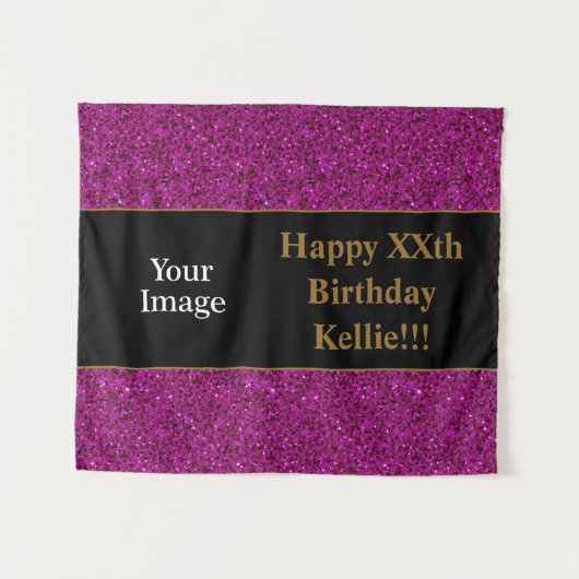 紫グリッターとメッセージフォト誕生日 タペストリー (正面(横))