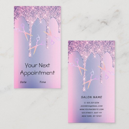 紫グリッターはさみの毛を落とす 予約カード (正面/裏面)