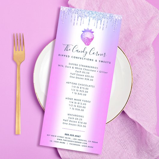 紫グリッタードリップストロベリースイーツデザートメニュー ラックカード